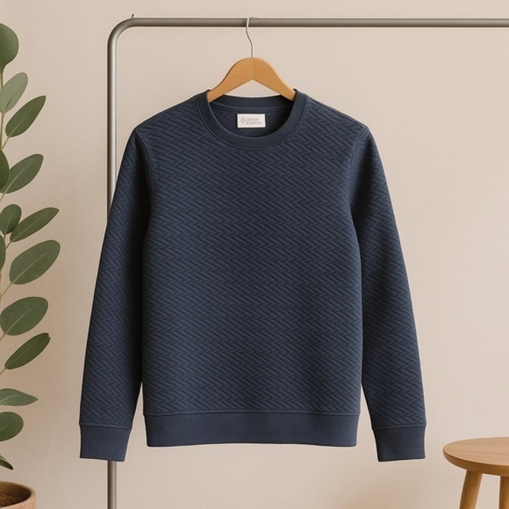 Navy Blue Textured Crewneck Sweater with Ribbed Details